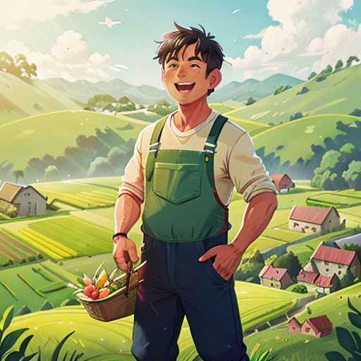 a man holding a basket of fruit in a rural area with a farm in the background and a sky with clouds