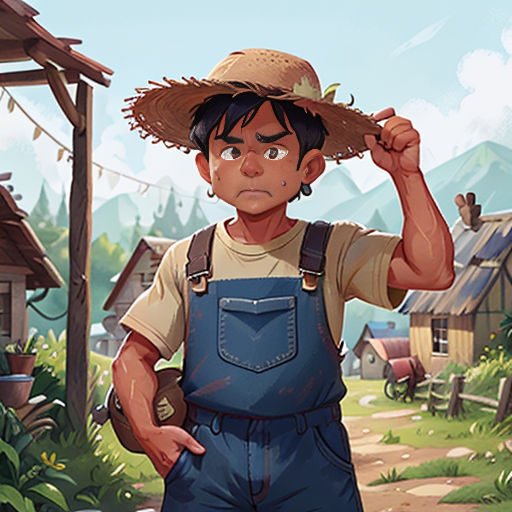 a boy with a straw hat on his head standing in front of a village with a farm and a house