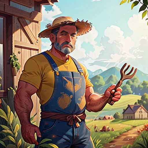 a man holding a pitchfork in front of a farm house and a tree with a bird on it's shoulder