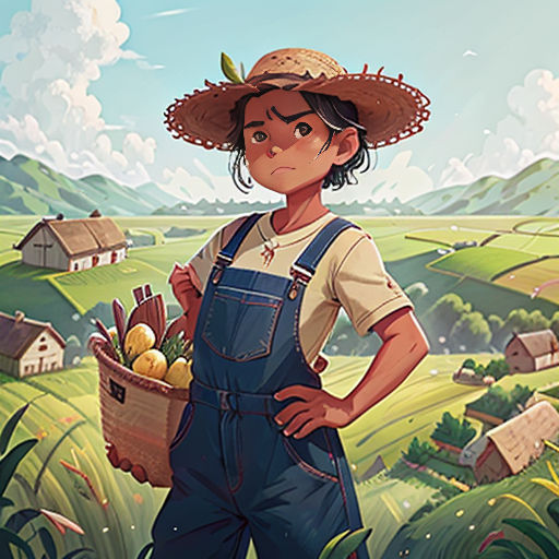 a boy in overalls holding a basket of fruit in a field with a farm in the background and a sky with clouds