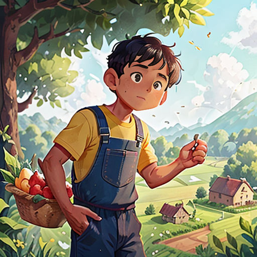 a boy holding a basket of fruit in a forest with a mountain in the background and a house in the distance