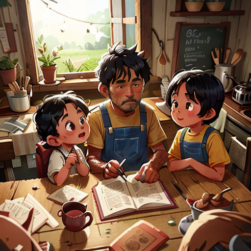 a man and two children sitting at a table with a book and a cup of coffee in front of them