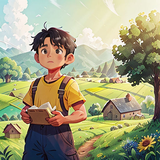 a boy standing in a field with a book in his hand and a book in his hand, with a house in the background