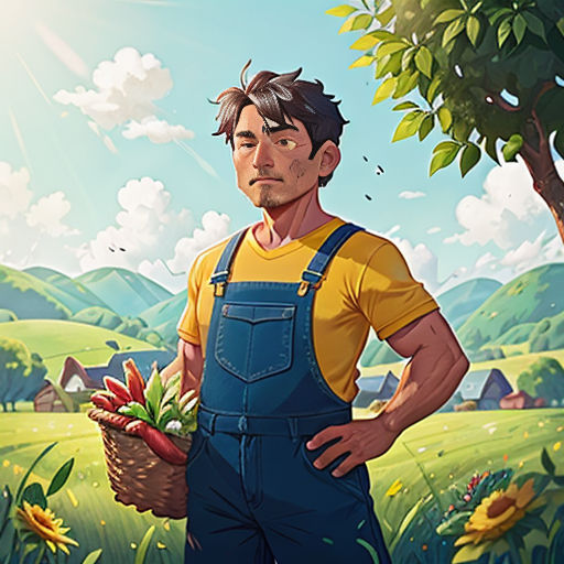 a man holding a basket of vegetables in a field with a sun in the background and a tree in the foreground