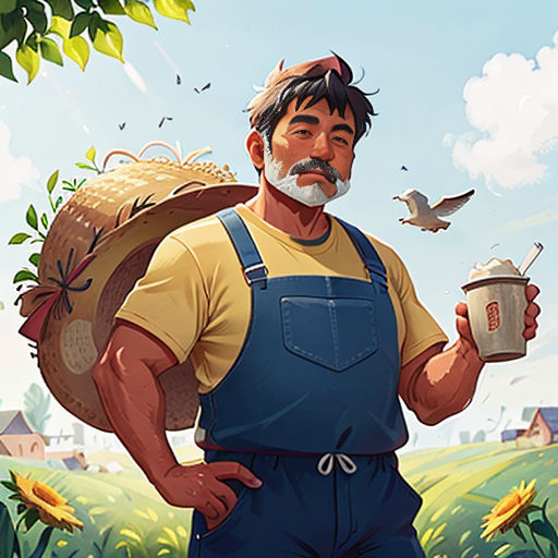 a man with a beard and a mustache holding a cup of coffee in his hand and a bird flying over him