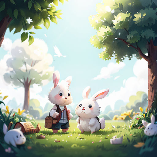 a couple of rabbits standing next to each other on a lush green field with trees and grass in the background