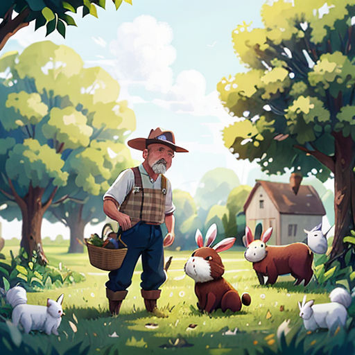 a man with a basket of eggs and rabbits in a field with trees and houses in the background,