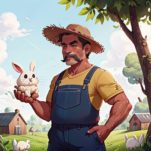 a man holding a small rabbit in his hand in a cartoon style, with a farm scene in the background