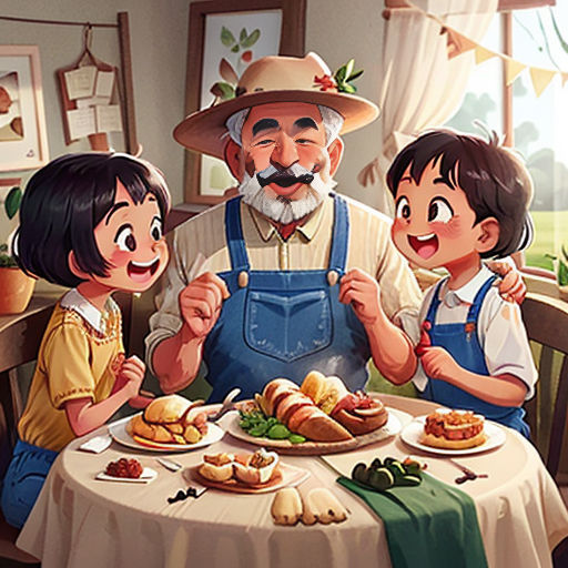 a man and two children sitting at a table with food on it and a man standing next to them