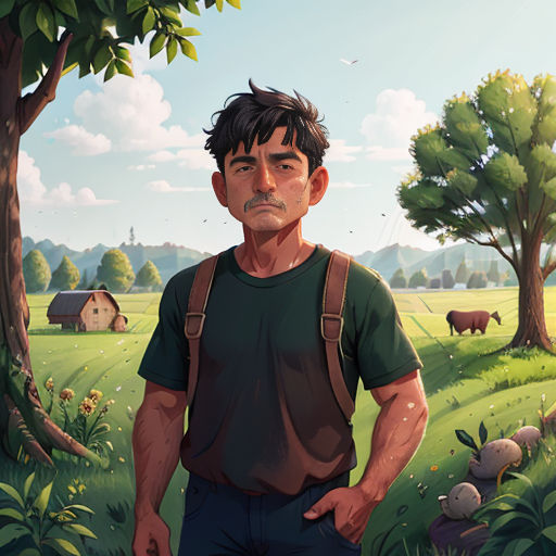 a man standing in a field with a forest and a cow in the background, with a house in the distance