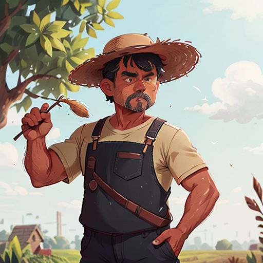 a man with a straw hat holding a stick in his hand and a tree in the background with a sky and clouds