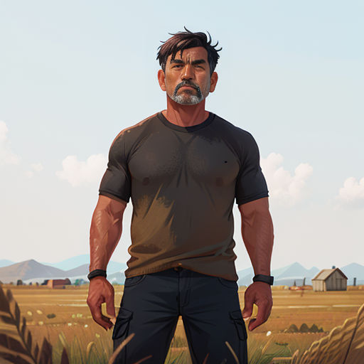 a man standing in a field with a house in the background and a sky background with clouds in the distance