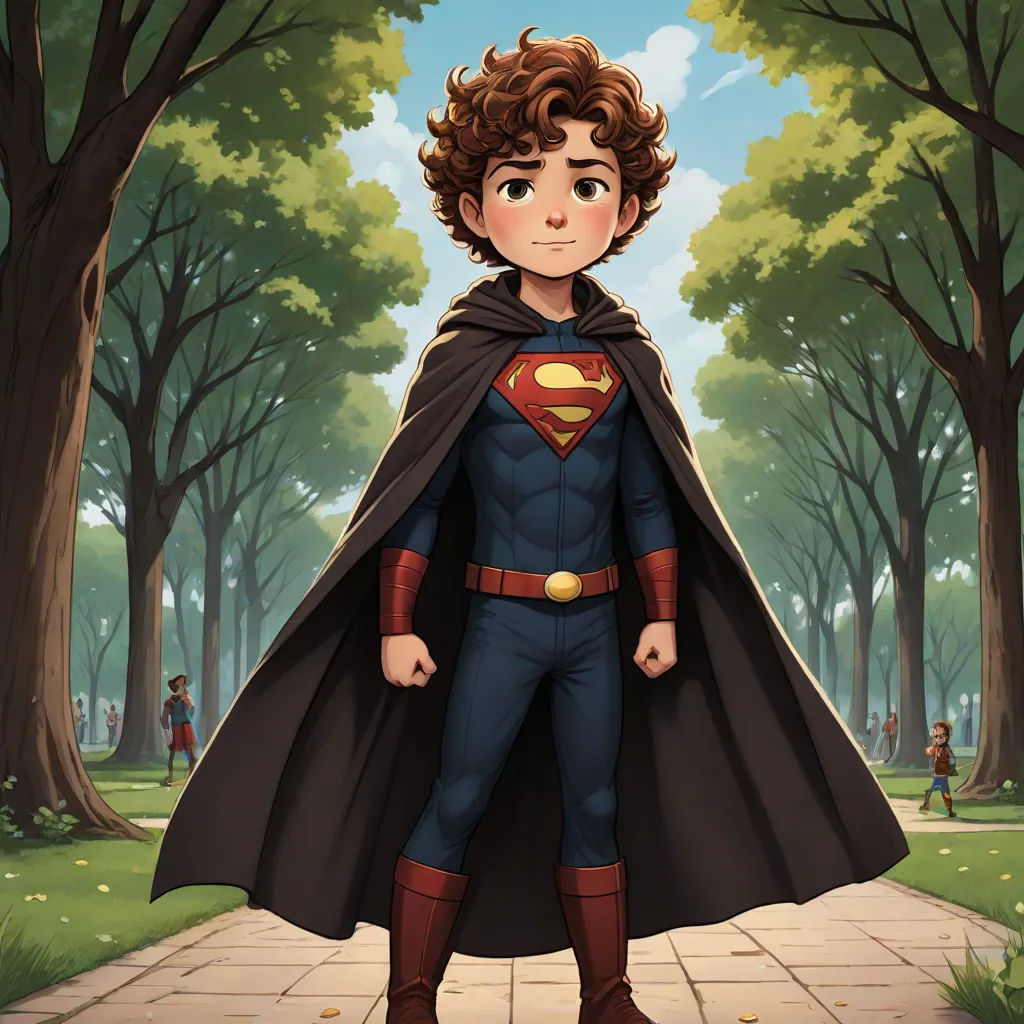 a young boy dressed as superman standing in a park with trees and grass behind him, wearing a cape, Diego Gisbert Llorens, superflat, a comic book panel, official art