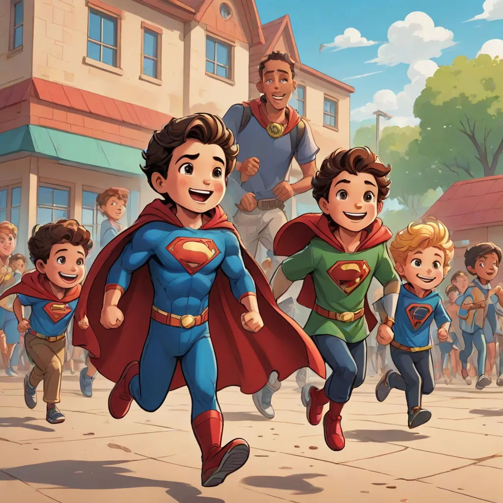 a group of children running in a street with a man in a superman suit on the other side of the picture, Cliff Childs, superflat, a comic book panel, official art