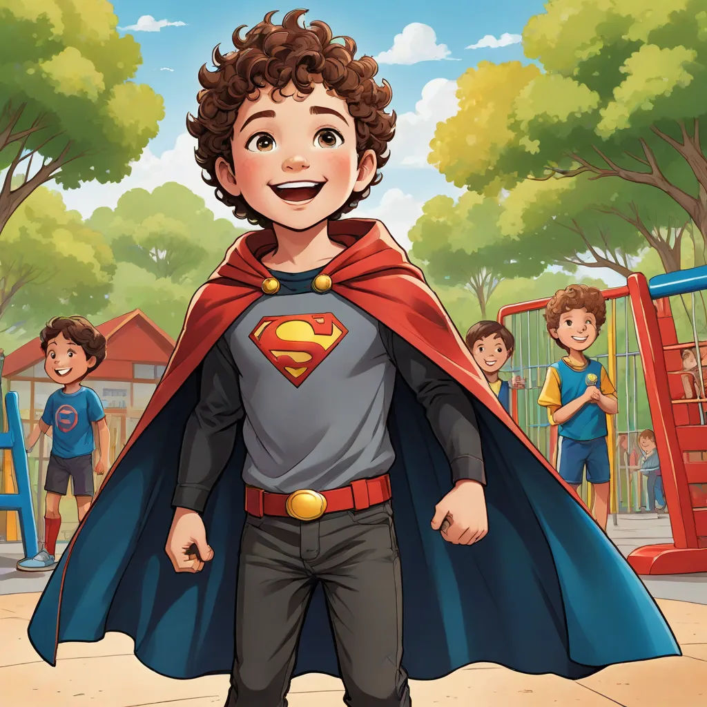 a boy in a superman cape standing in front of a playground with other children in the background and a playground, Everett Warner, superflat, a comic book panel, comic cover art