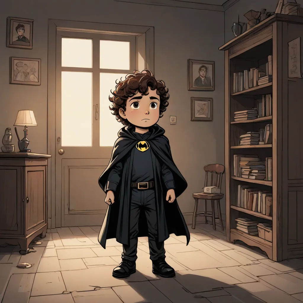 a cartoon of a boy dressed as a batman in a room with a bookcase and a window with a light coming through, Cliff Childs, fantasy art, a storybook illustration, official art