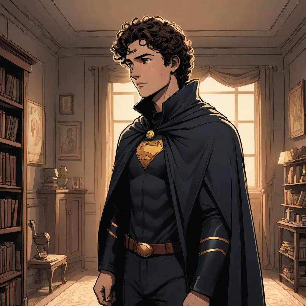 a man in a cape standing in a room with bookshelves and a window behind him, looking at the camera, Everett Warner, superflat, a comic book panel, graphic novel