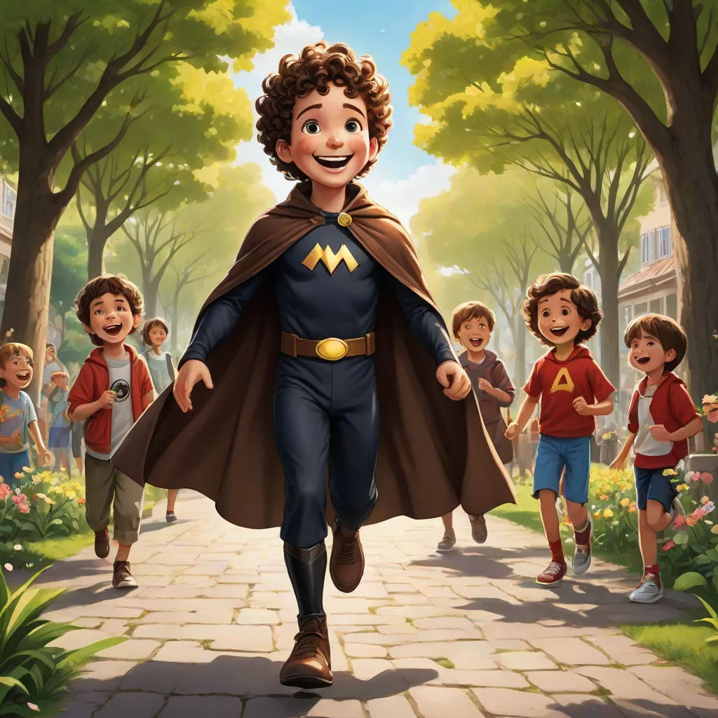 a cartoon of a boy dressed as a super hero running down a sidewalk with other children in the background, Chris LaBrooy, rayonism, a storybook illustration, official art