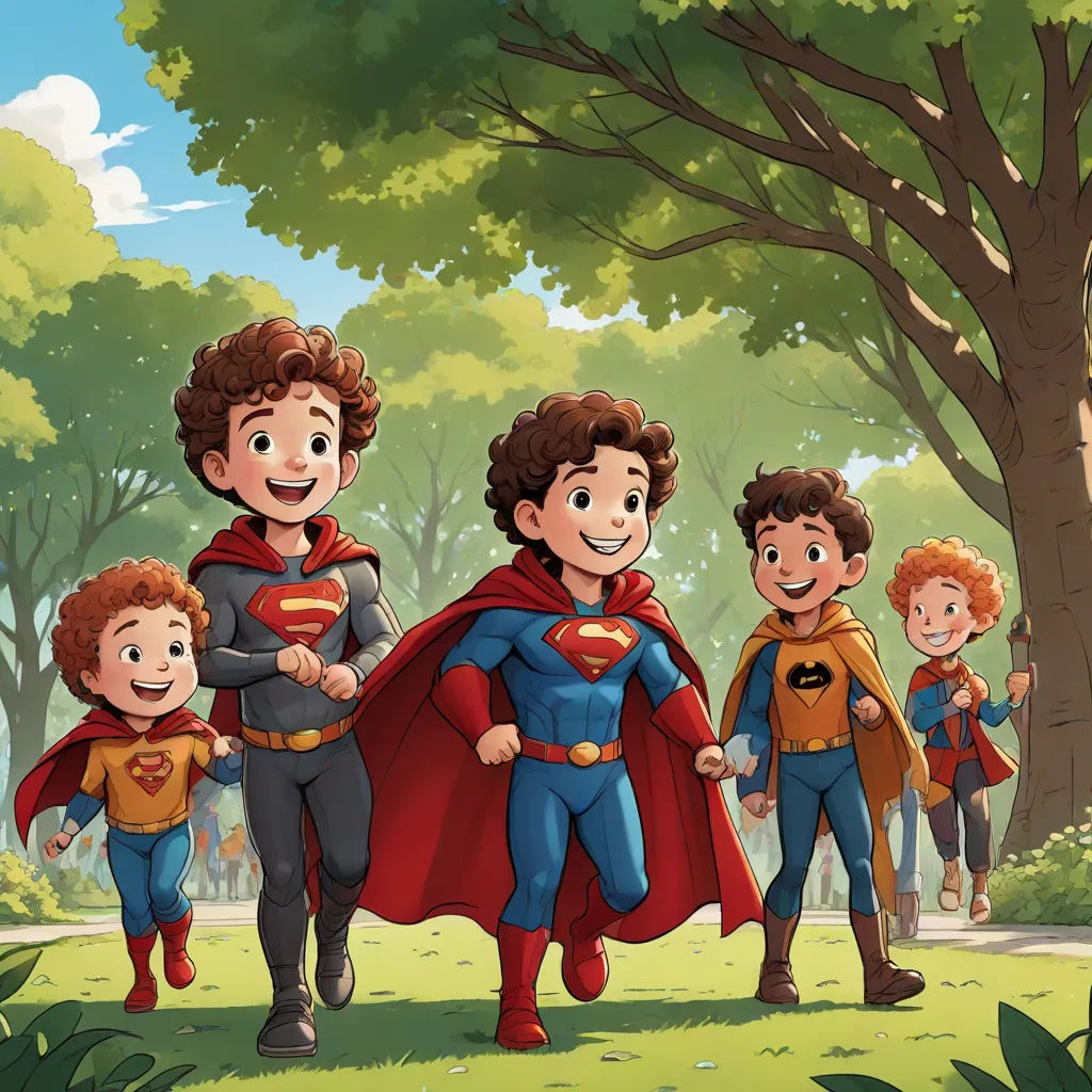 a group of children in superman costumes walking through a park with a man in a red cape and a boy in a blue suit, Diego Gisbert Llorens, superflat, a comic book panel, official art