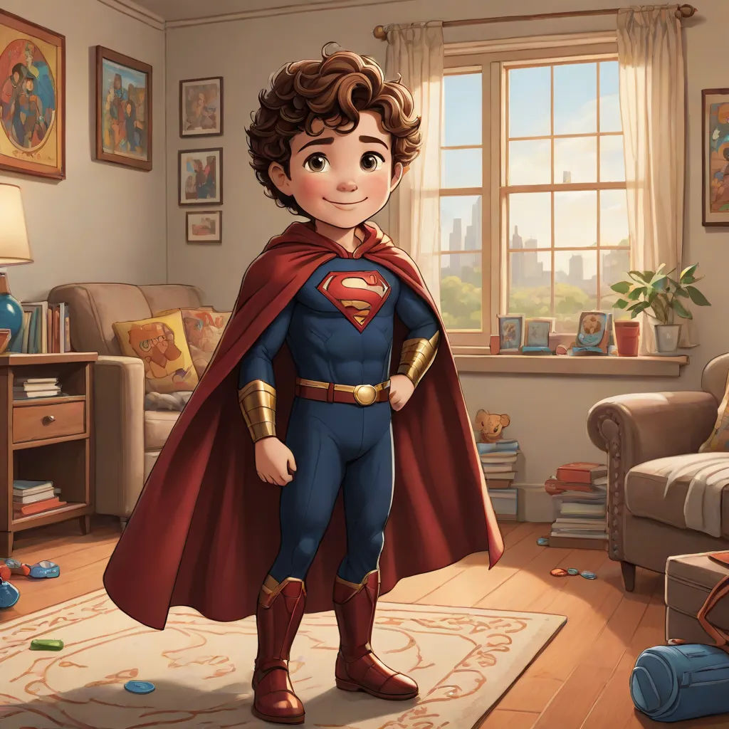 a cartoon boy dressed as superman standing in a living room with a window and a rug on the floor, Everett Warner, sots art, concept art, official art