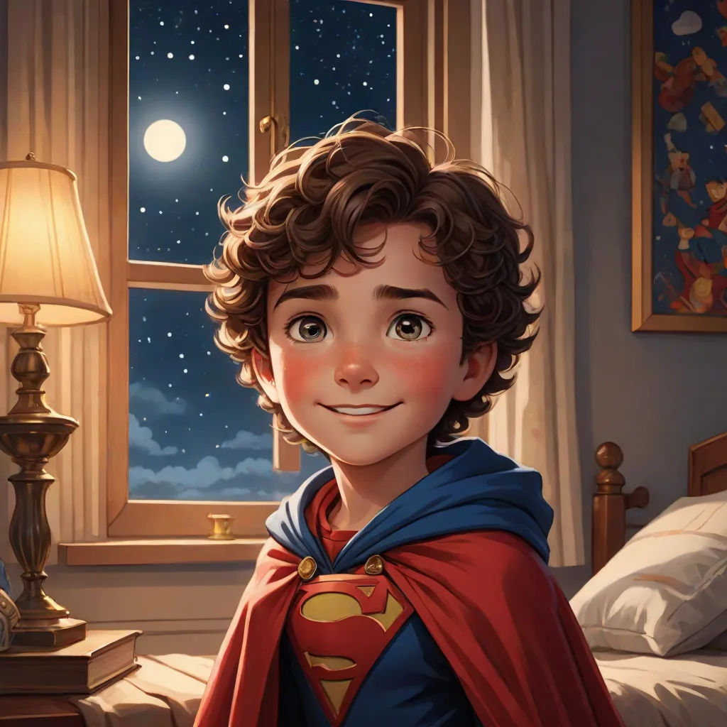 a boy in a superman costume standing in front of a window with a night sky behind him and a lamp on the side, Aaron Jasinski, superflat, a comic book panel, rossdraws global illumination