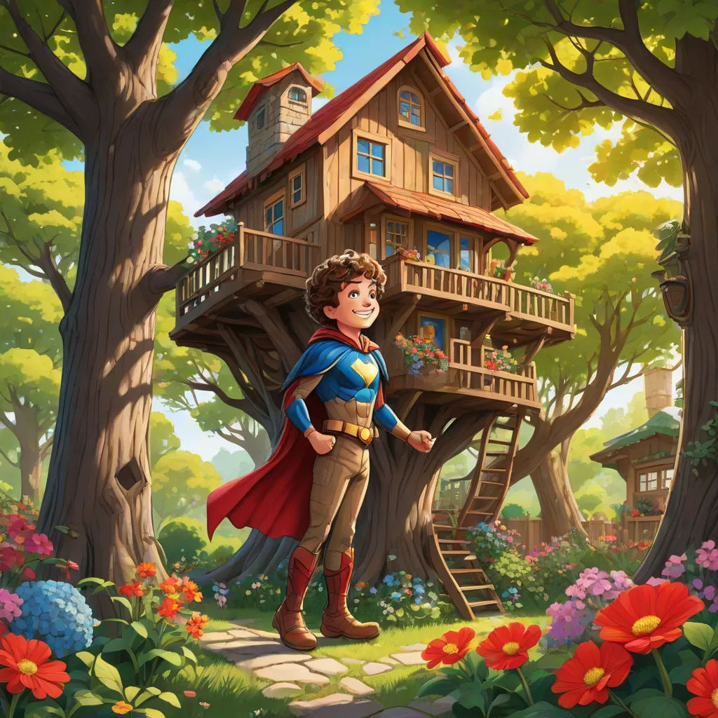 a boy in a red cape standing in front of a tree house with a ladder to the roof and a ladder to the roof, Chris LaBrooy, fantasy art, a storybook illustration, official art