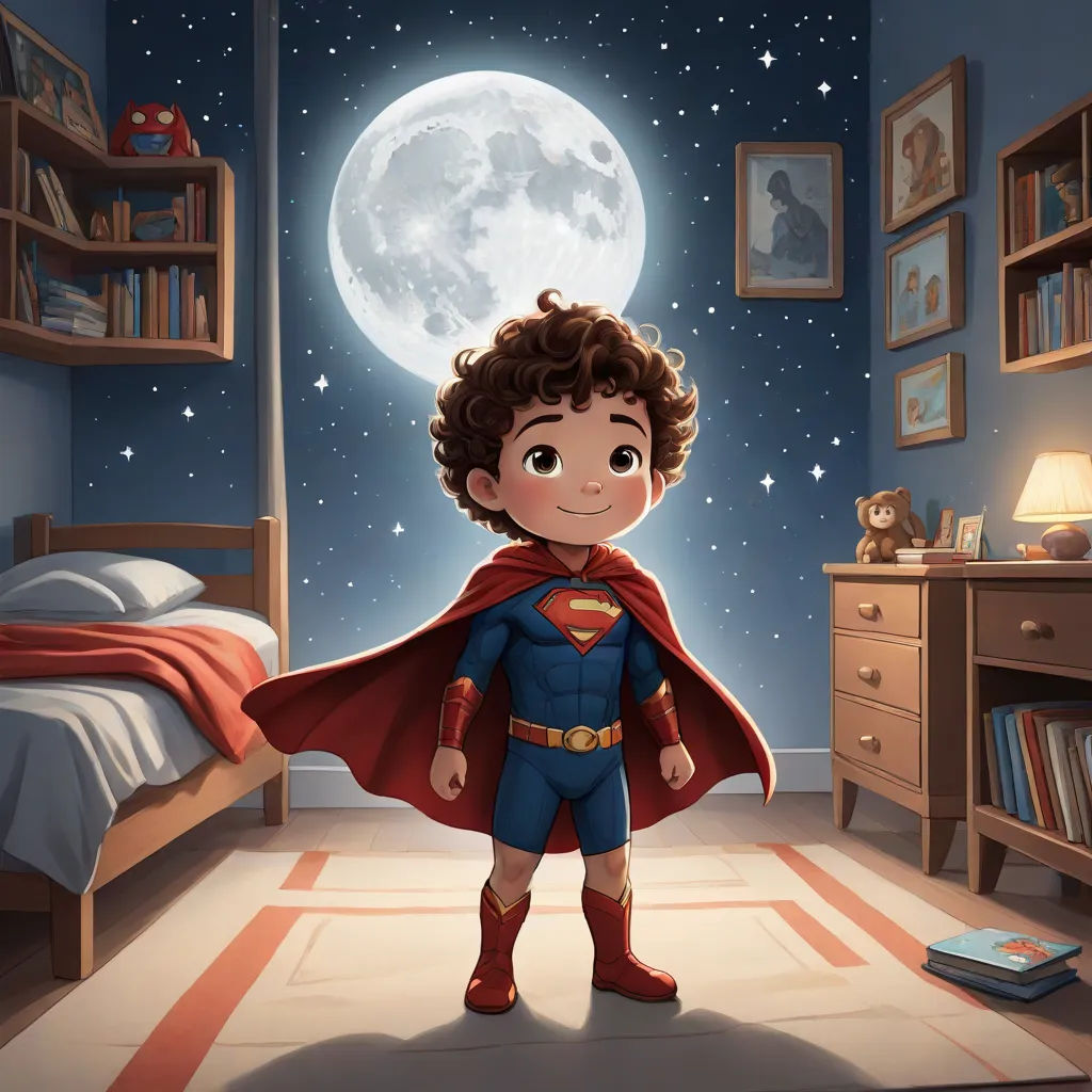 a boy in a bedroom with a super hero costume on and a super hero cape on his head, standing in front of a bed, Diego Gisbert Llorens, action painting, a storybook illustration, rossdraws global illumination