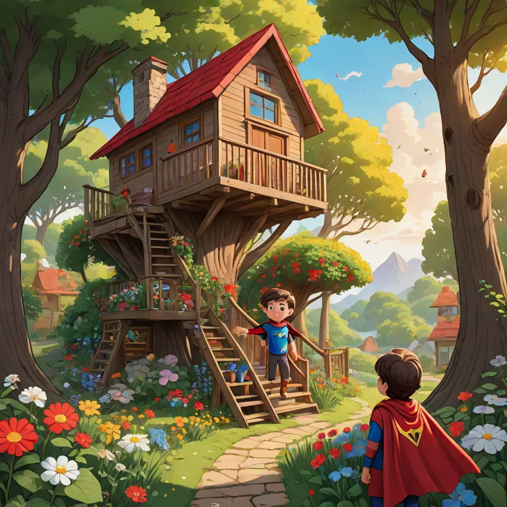 a boy and a girl are standing in front of a tree house in the woods with flowers and trees, Chris LaBrooy, fantasy art, a storybook illustration, rossdraws global illumination