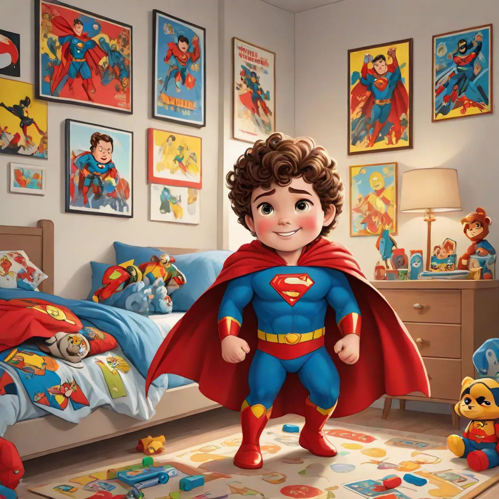 a boy in a superman costume standing in a bedroom with a teddy bear and a bed with a rug, Diego Gisbert Llorens, superflat, a comic book panel, official art