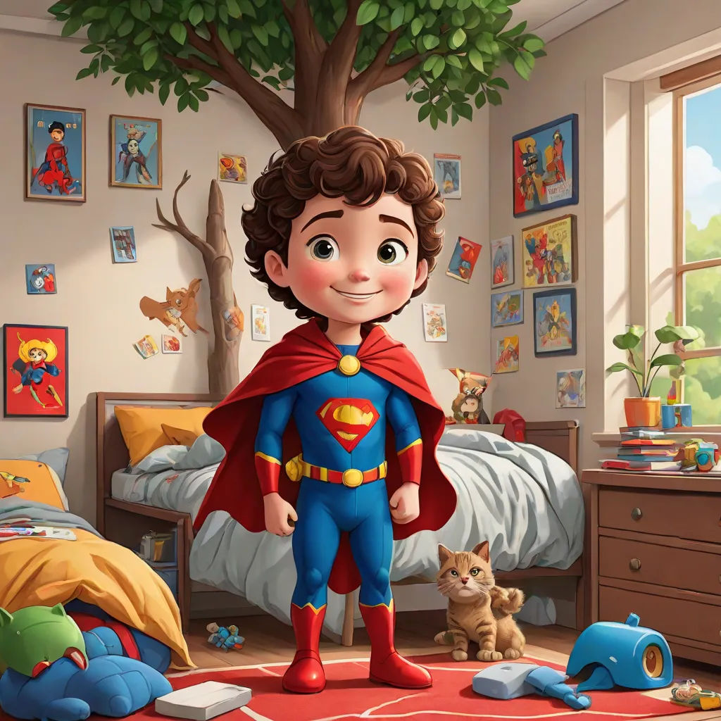 a boy in a superman costume standing in a bedroom with a cat and toys on the floor and a tree in the corner, Diego Gisbert Llorens, superflat, concept art, official art