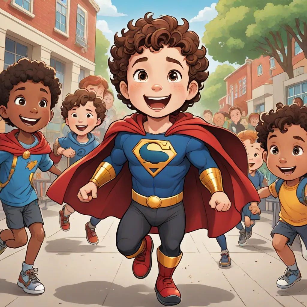 a cartoon of a boy dressed as a superman running with other children in the background and a cartoon of a boy in a red cape, Everett Warner, superflat, a comic book panel, official art