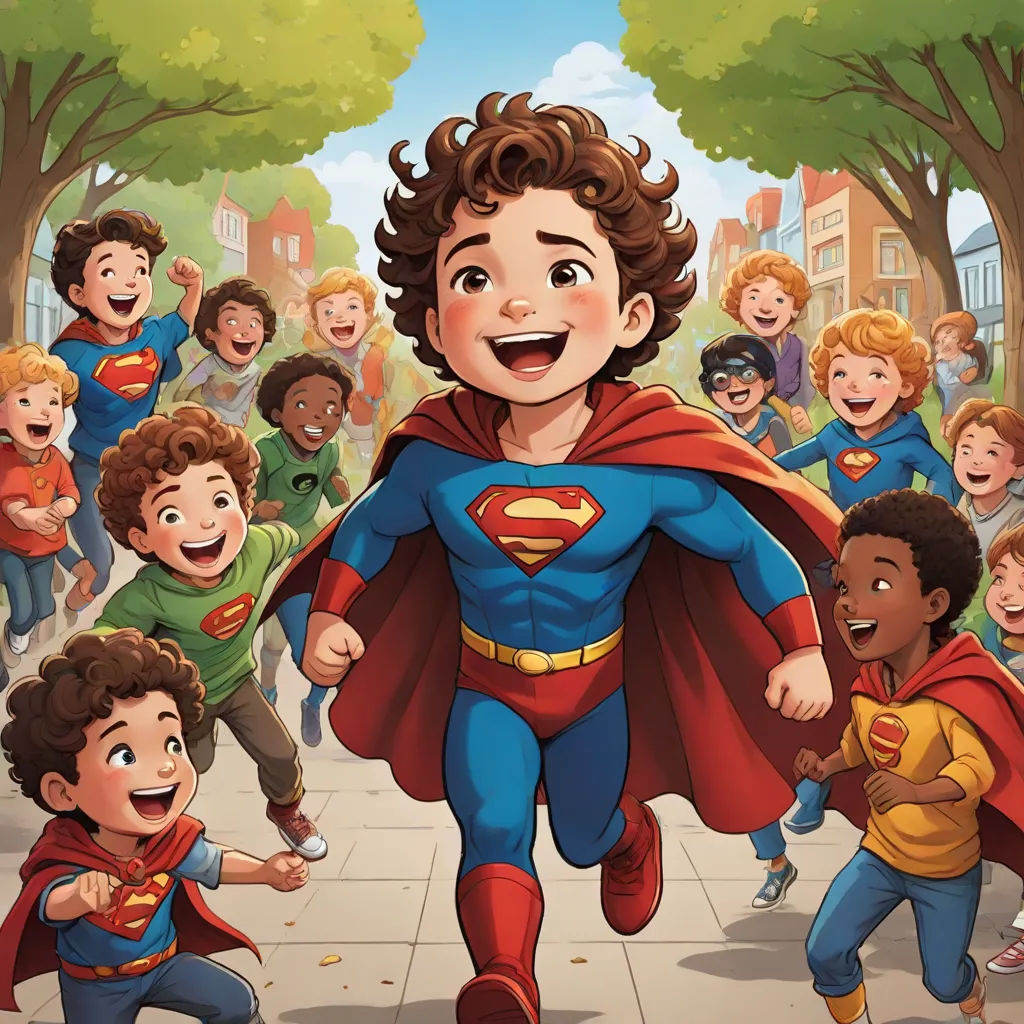 a boy in a superman costume is surrounded by other children in a park and trees, with a crowd of them, Everett Warner, superflat, a comic book panel, comic cover art