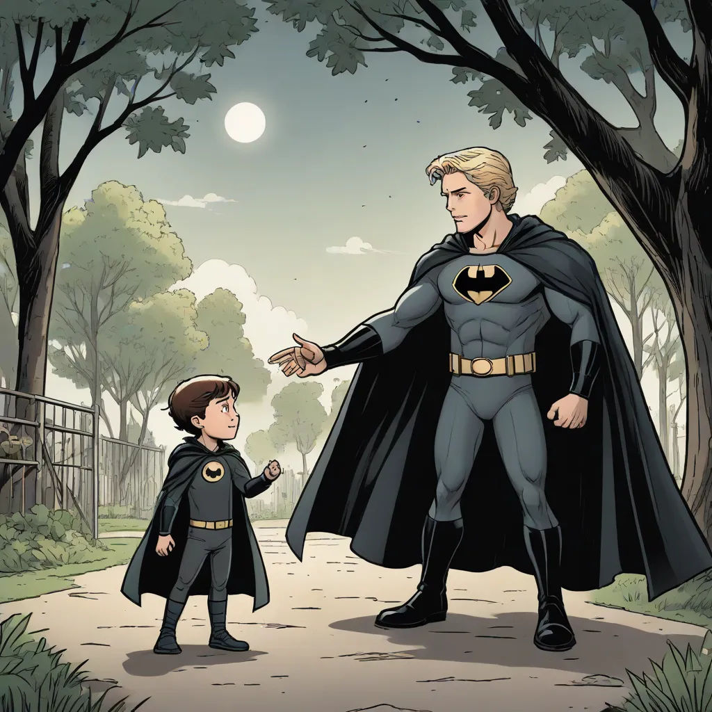 a little boy standing next to a batman in a park with a man in a cape on his shoulder, Clark Voorhees, fantastic realism, a comic book panel, official art