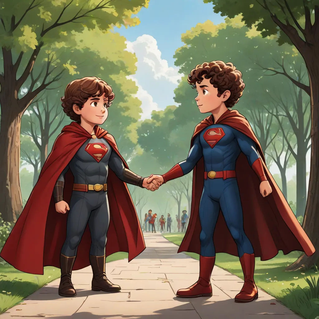 two young boys dressed as superman and supermangirls shaking hands in a park with trees and people in the background, Diego Gisbert Llorens, superflat, a storybook illustration, official art