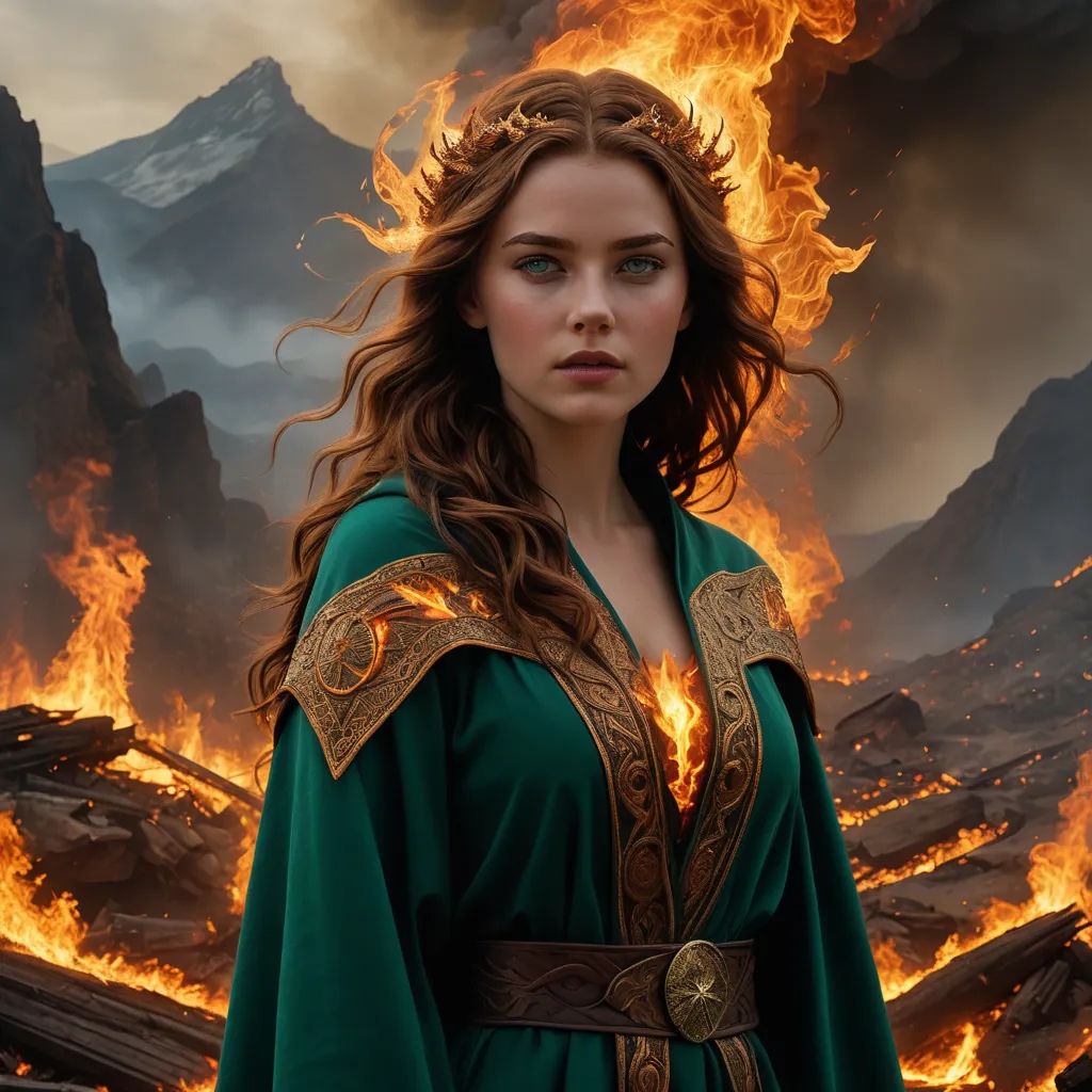 a woman in a green dress standing in front of a fire filled mountain range with a mountain range in the background, renaissance, a detailed matte painting, Bálint Kiss, elden ring