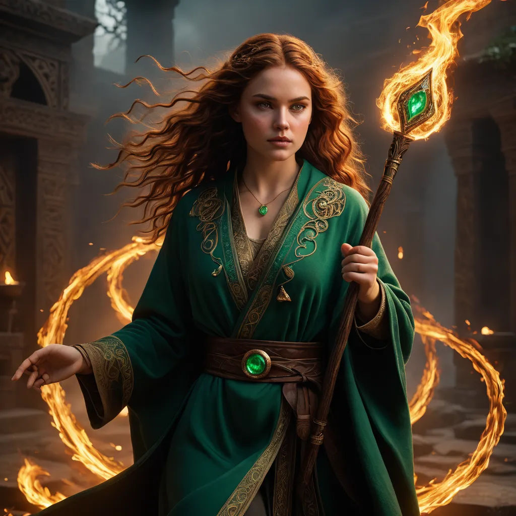a woman in a green dress holding a staff and a green light in her hand with a green ring around her neck, fantasy art, a character portrait, Clint Cearley, epic fantasy character art