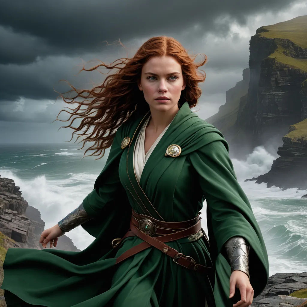 a woman in a green dress standing on a cliff by the ocean with a storm rolling in behind her, altermodern, a detailed matte painting, Donato Giancola, elden ring