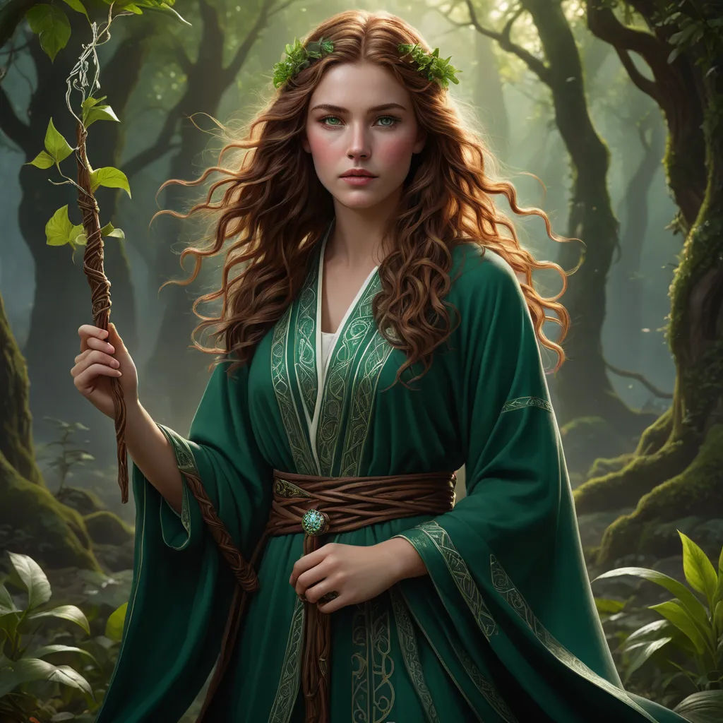 a woman in a green dress holding a stick in a forest with trees and bushes behind her, with a green robe on, fantasy art, a detailed painting, Charlie Bowater, epic fantasy character art