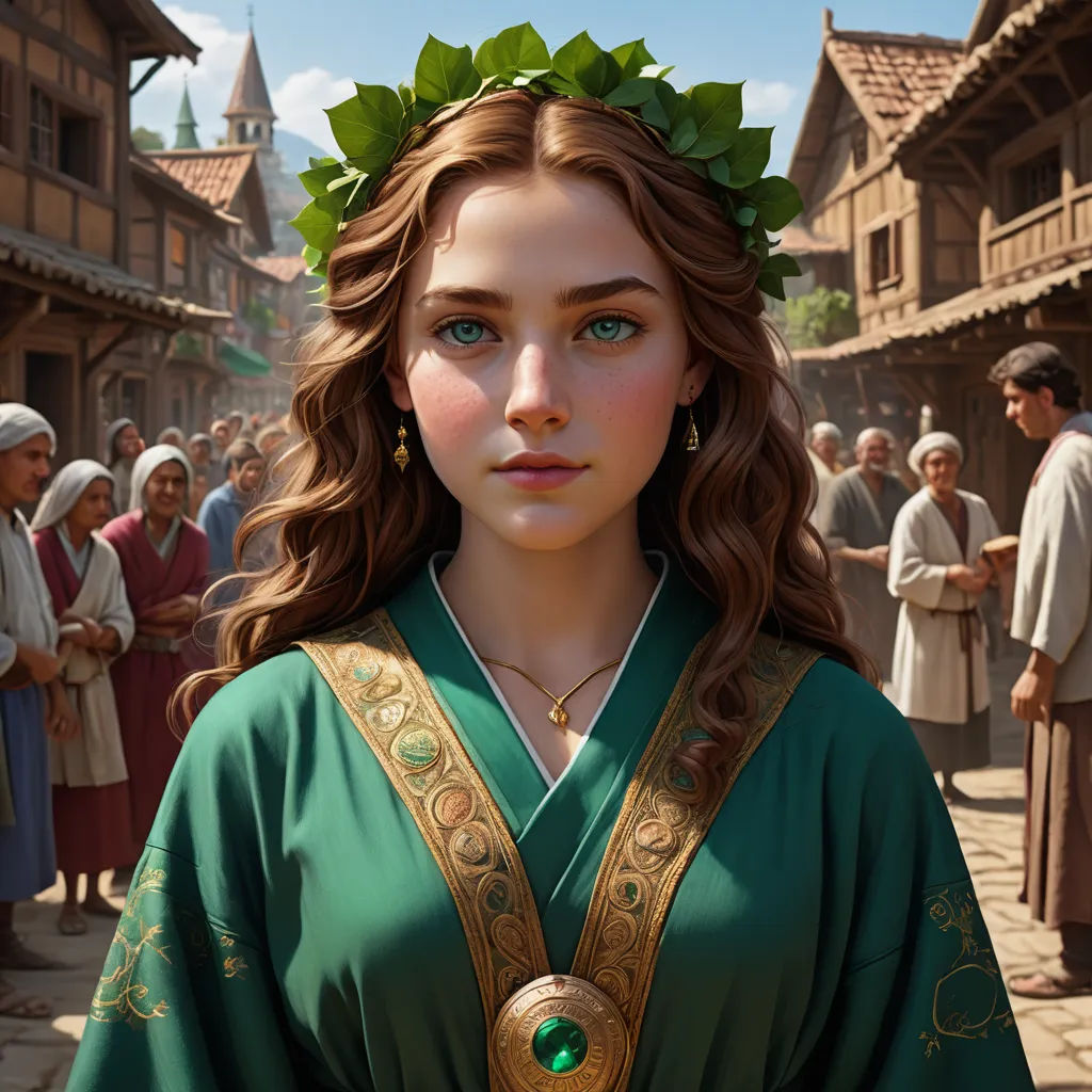 a woman in a green dress standing in front of a crowd of people in a village with a green crown on her head, fantasy art, a detailed painting, Clint Cearley, medieval