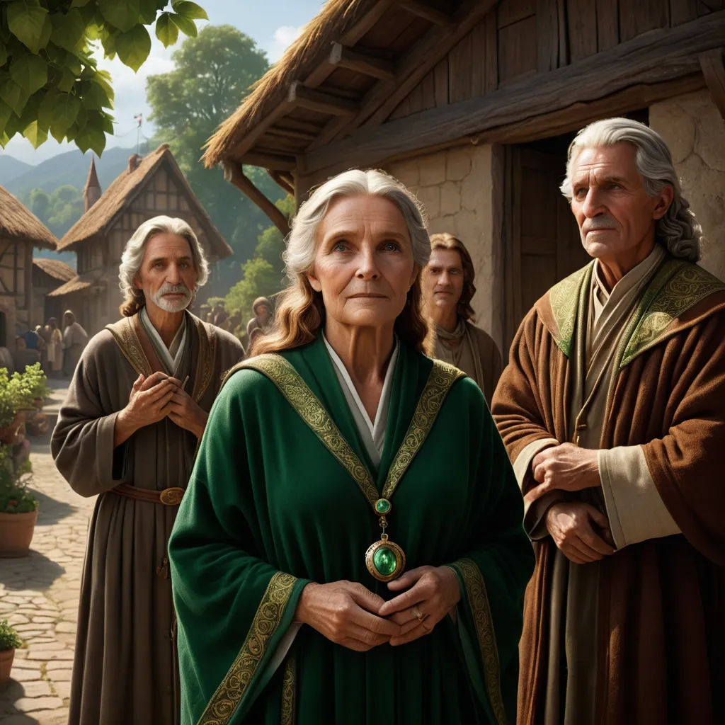 a painting of a group of people standing in front of a house with a tree in the background and a man in a green robe, antipodeans, a detailed matte painting, Constance Copeman, promotional image