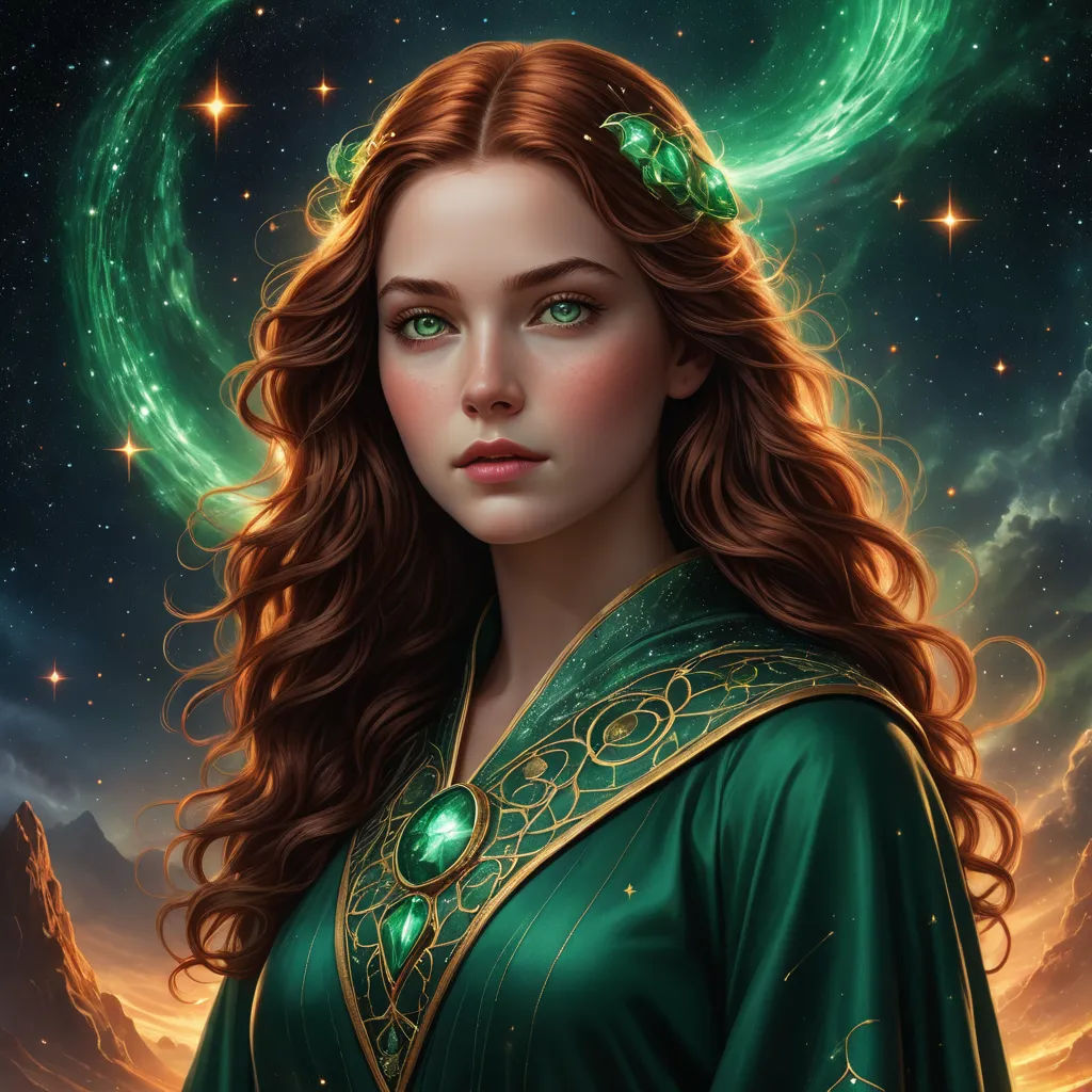 a painting of a woman with long hair and green dress in front of a sky with stars and a crescent, fantasy art, a detailed painting, Anne Stokes, highly detailed digital painting
