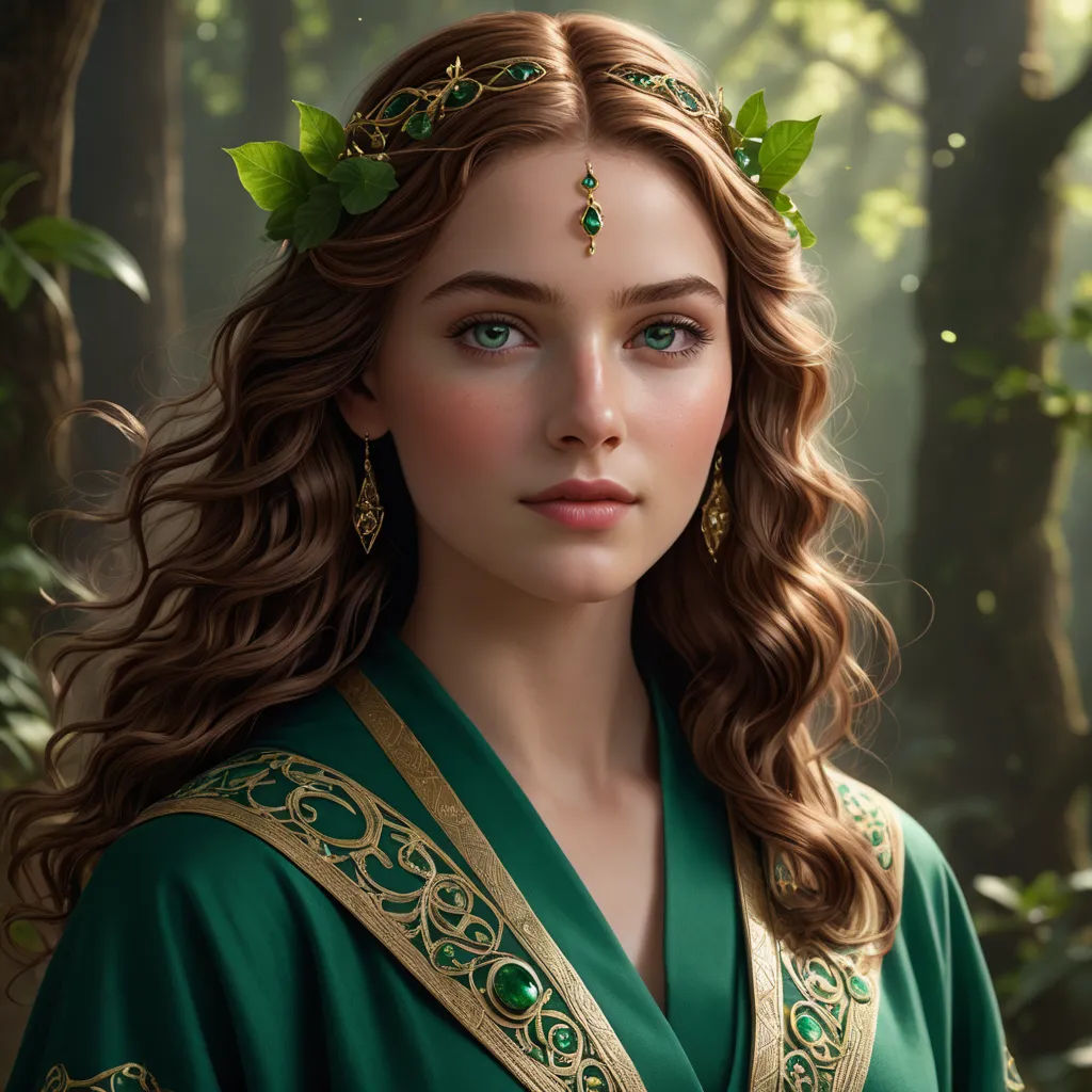 a woman in a green dress with a green leaf in her hair and a green dress with a gold trim, fantasy art, a photorealistic painting, Edwin Georgi, cgstudio