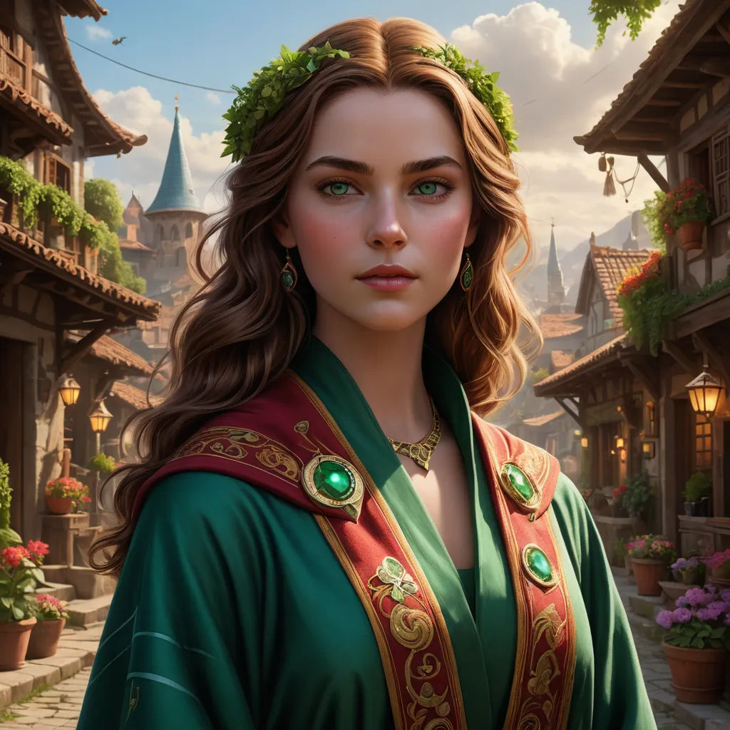 a woman in a green dress and a green crown on her head and a green dress with a red sash around her neck, fantasy art, a detailed painting, Charlie Bowater, trending on artstation hq