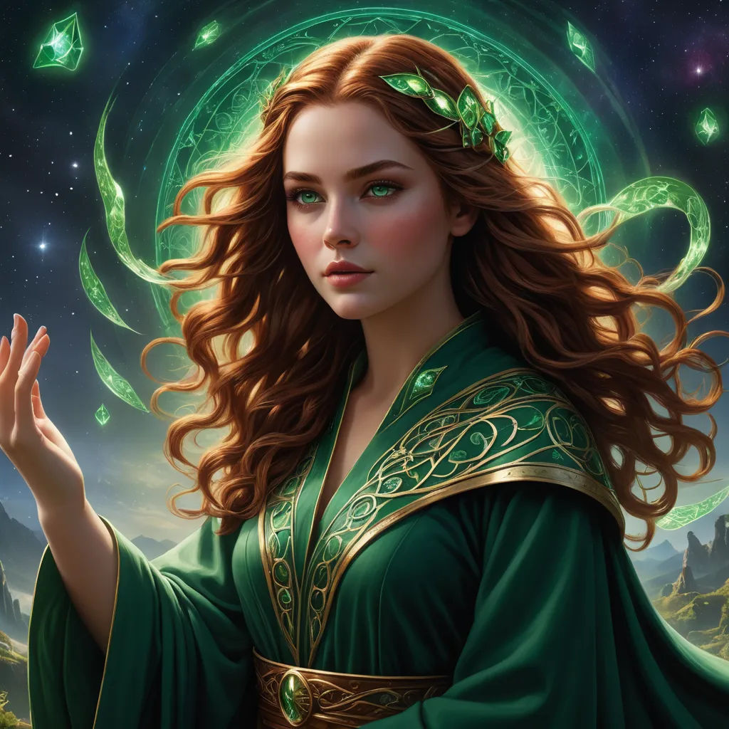a woman in a green dress holding her hands out to the side of her face and a green ring around her neck, fantasy art, a detailed painting, Donato Giancola, magic the gathering artwork