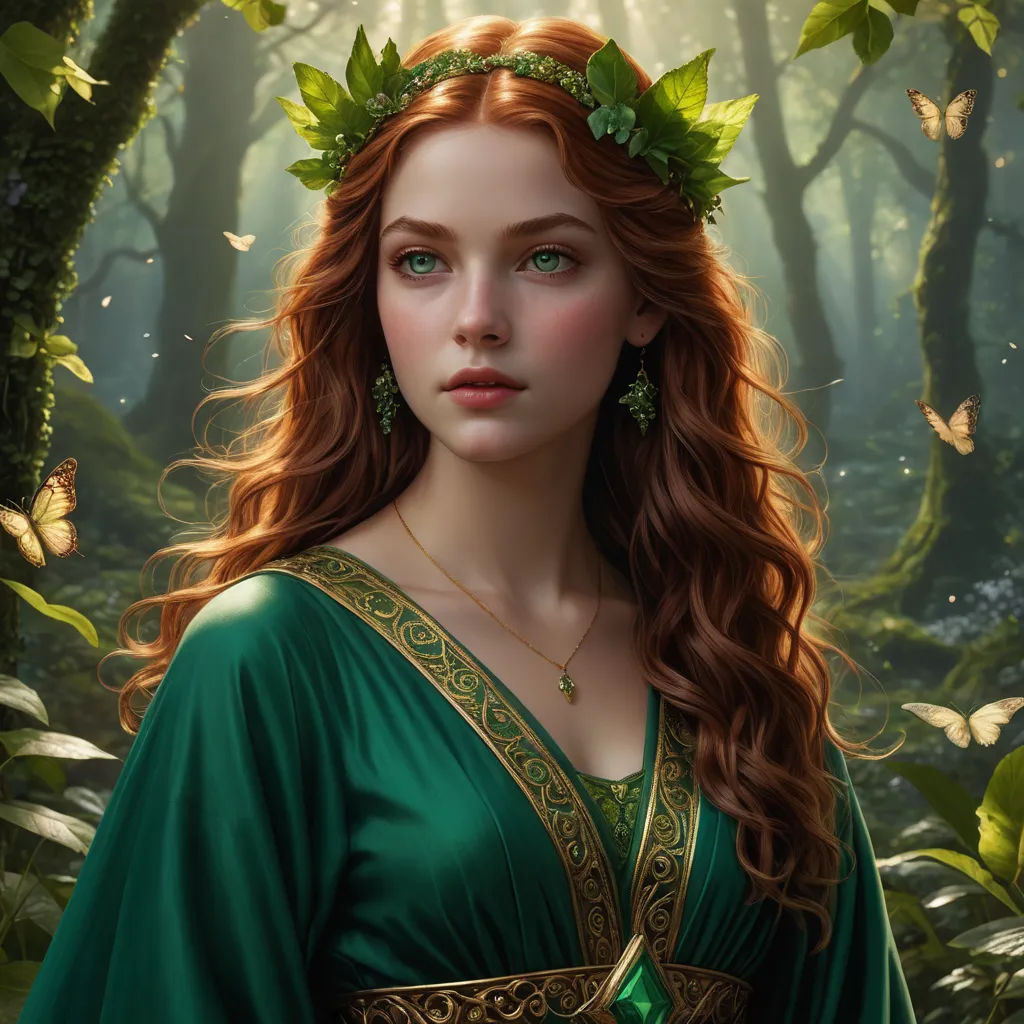 a painting of a woman in a green dress in a forest with butterflies around her head and a green dress with a green belt, fantasy art, a detailed painting, Anne Stokes, highly detailed digital painting