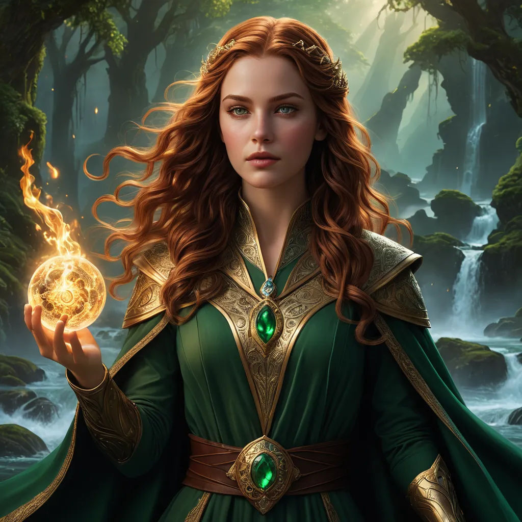 a woman in a green dress holding a ball in her hands in a forest with waterfalls and trees, fantasy art, a detailed painting, Anne Stokes, magic the gathering artwork