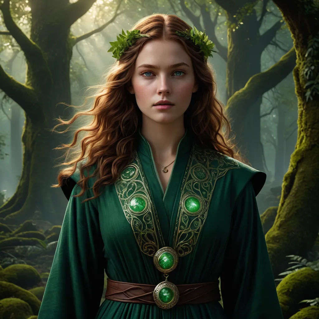 a woman in a green dress standing in a forest with trees and moss growing on her head and shoulders, fantasy art, a detailed matte painting, Elinor Proby Adams, promotional image