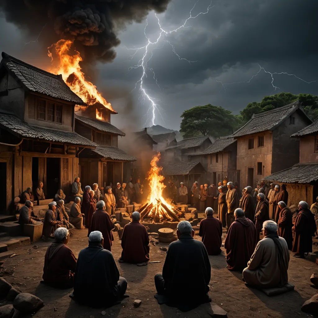 a group of people sitting around a fire pit with a lightning in the background of the picture and a group of men standing around it, dau-al-set, a detailed matte painting, Dirk Crabeth, promotional image