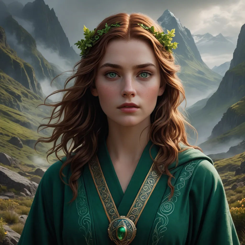 a woman with long hair wearing a green dress and a wreath of flowers in her hair, standing in front of a mountain range, fantasy art, a photorealistic painting, Clint Cearley, professional digital painting