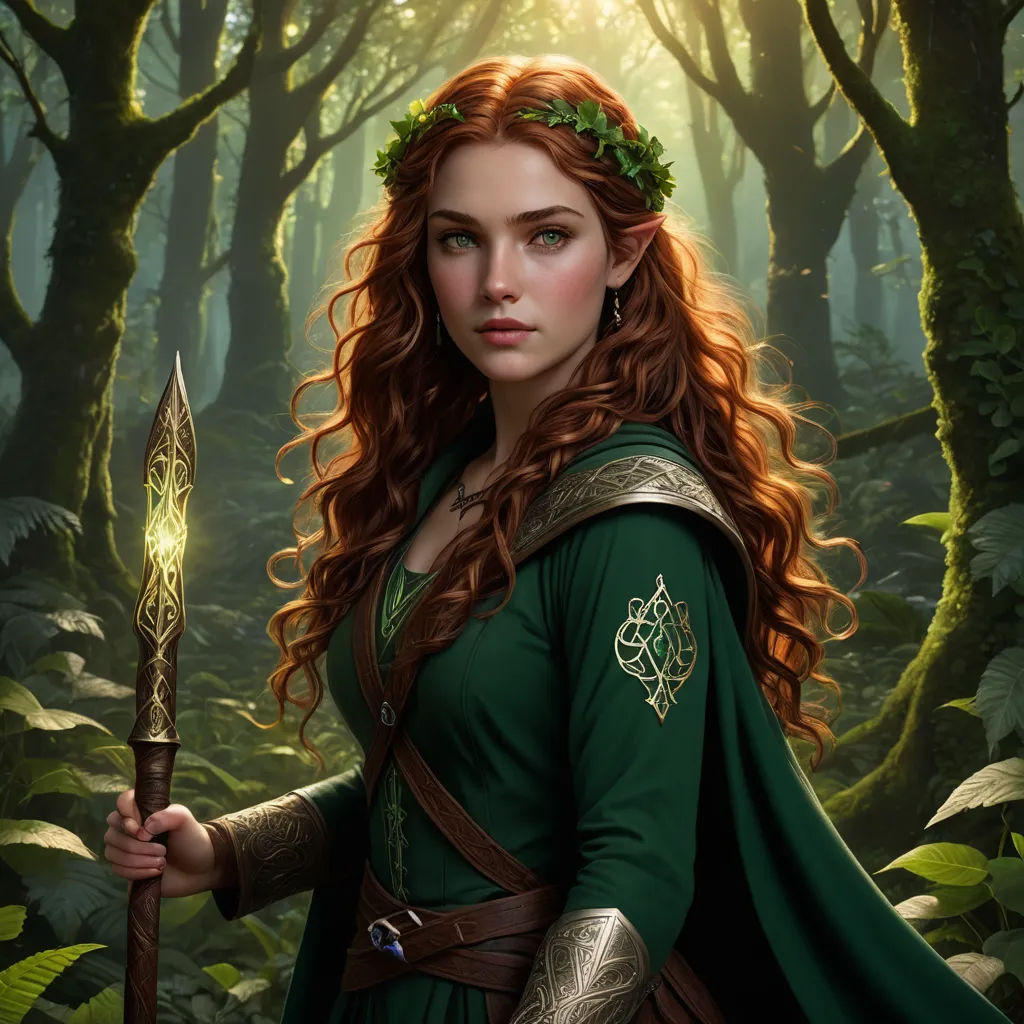 a woman in a green dress holding a sword in a forest with trees and leaves on the ground and a sun shining through the trees, fantasy art, a character portrait, Anne Stokes, epic fantasy character art